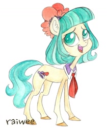 Size: 1128x1343 | Tagged: safe, artist:raiwee, coco pommel (mlp), earth pony, equine, fictional species, mammal, pony, feral, friendship is magic, hasbro, my little pony, 2016, female, flower, flower in hair, hair, hair accessory, happy, mare, open mouth, signature, simple background, solo, solo female, tail, traditional art, white background