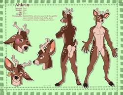 Size: 1000x773 | Tagged: safe, artist:beleoci, oc, oc only, oc:ahkrin (itsahkrin), cervid, deer, mammal, anthro, unguligrade anthro, abstract background, antlers, blushing, brown body, brown fur, brown hair, butt, character name, cloven hooves, dewclaw, ear piercing, featureless crotch, floppy ears, front view, fur, hair, hooves, looking at you, looking sideways, male, nose piercing, nose ring, orange eyes, piercing, profile, rear view, reference sheet, short hair, short tail, side view, tail, tan body, tan fur, three-quarter view