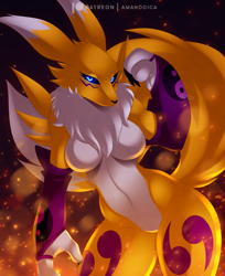Size: 2100x2573 | Tagged: safe, artist:amanddica, fictional species, renamon, anthro, digimon, arm warmers, barbie doll anatomy, belly button, black sclera, blue eyes, body markings, breasts, cheek fluff, clothes, colored sclera, dipstick tail, ear fluff, eyelashes, featureless breasts, featureless crotch, female, fluff, fur, glowing, glowing eyes, head fluff, high res, neck fluff, nudity, patreon logo, solo, solo female, tail, tail fluff, white body, white fur, yellow body, yellow fur