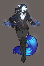 Size: 681x1000 | Tagged: safe, artist:spearfrost, yennefer of vengerberg (the witcher), canine, mammal, wolf, anthro, plantigrade anthro, cd projekt red, the witcher, black hair, boots, bottomwear, breasts, cleavage, clothes, commission, female, gloves, hair, jewelry, lidded eyes, long gloves, looking at you, magic, necklace, pants, shirt, shoes, simple background, solo, solo female, tail, topwear