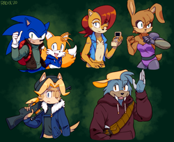 Size: 969x793 | Tagged: safe, artist:general-radix, antoine d'coolette (sonic), bunnie rabbot (sonic), miles "tails" prower (sonic), princess sally acorn (sonic), rotor the walrus (sonic), sonic the hedgehog (sonic), canine, chipmunk, coyote, fox, hedgehog, lagomorph, mammal, rabbit, red fox, rodent, walrus, anthro, archie sonic the hedgehog, sega, sonic the hedgehog (series), 2020, dipstick tail, female, fluff, group, male, multiple tails, orange tail, quills, tail, tail fluff, two tails, white tail