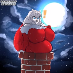 Size: 4000x4000 | Tagged: safe, artist:princesssamoyed, oc, oc:cumu, canine, dog, mammal, samoyed, anthro, absurd resolution, belly, blue eyes, breasts, chimney, christmas, christmas outfit, exclamation point, female, fur, glasses, holiday, huge breasts, night, night sky, red clothes, round glasses, sky, slightly chubby, solo, solo female, stuck, white body, white fur