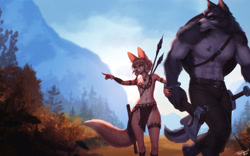 Size: 1920x1200 | Tagged: safe, artist:personalami, oc, oc:einarr (personalami), oc:khiara (personalami), canine, fox, mammal, wolf, anthro, 8:5, axe, clothes, duo, female, loincloth, male, muscles, muscular male, pecs, scenery, size difference, spear, sword, tail, tribal outfit, vixen, weapon
