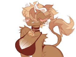 Size: 4000x3000 | Tagged: safe, artist:hiccupsdoesart, oc, oc only, oc:aileen (hiccupsdoesart), bovid, cattle, cow, highland cattle, mammal, anthro, bra, breast freckles, breasts, cleavage, clothes, collar, cowbell, female, fluff, freckles, grin, horns, leaning forward, nose piercing, nose ring, panties, piercing, shoulder fluff, simple background, smiling, solo, solo female, tail, underwear, white background