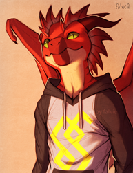 Size: 500x647 | Tagged: safe, artist:falvie, dragon, fictional species, reptile, scaled dragon, anthro, bust, clothes, frills, hoodie, horns, portrait, simple background, solo, topwear, webbed wings, wings