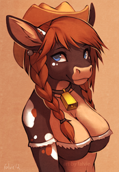 Size: 500x719 | Tagged: safe, artist:falvie, oc, oc only, bovid, cattle, cow, mammal, anthro, bell collar, big breasts, blue eyes, bra, braid, braids, breasts, cleavage, clothes, collar, cowbell, female, hair, hat, simple background, smiling, solo, solo female, underwear