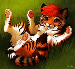 Size: 700x645 | Tagged: safe, artist:falvie, big cat, feline, mammal, tiger, feral, 2012, ambiguous gender, brown eyes, cheek fluff, digital art, ear fluff, fangs, fluff, fur, grass, hair, legs in air, looking at you, lying down, multicolored body, multicolored fur, on back, open mouth, orange body, orange fur, paw pads, paws, red hair, scenery, sharp teeth, solo, solo ambiguous, teeth, two toned body, two toned fur, watermark, white body, white fur