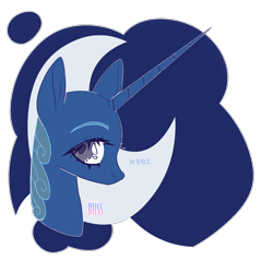 Size: 2000x2000 | Tagged: safe, artist:bismark, princess luna (mlp), alicorn, equine, fictional species, mammal, pony, feral, friendship is magic, hasbro, my little pony, 2, bust, cutie mark, female, fur, gray eyes, hair, high res, horn, mane, simple background, sketch, solo, solo female, transparent background, watermark