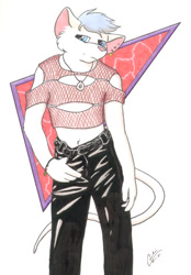 Size: 417x600 | Tagged: safe, artist:guppy, mammal, mouse, rodent, anthro, 2005, abstract background, blue eyes, bracelet, clothes, ear piercing, earring, fishnet, fur, hair, jewelry, male, necklace, piercing, posing, see-through, solo, solo male, tail, traditional art, twink