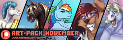 Size: 1520x500 | Tagged: safe, artist:sunny way, pegasus (hercules), rainbow dash (mlp), oc, canine, dog, equine, fictional species, horse, mammal, pegasus, pony, anthro, disney, friendship is magic, hasbro, hercules (disney), my little pony, advertisement, anthrofied, art pack, artwork, black body, black fur, blinders, blue body, blue feathers, blue fur, blue hair, breasts, brown body, brown fur, commission, cropped, crossover, cyborg, digital art, english text, exclusive, eyebrow through hair, eyebrows, eyelashes, fanart, feathers, female, fur, grin, group, hair, halter, male, mare, muscles, open mouth, patreon logo, patreon reward, rainbow hair, smiling, stallion, tack, teeth, tongue, white body, white fur, wings, yellow hair
