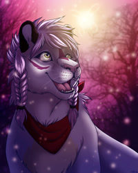 Size: 800x1000 | Tagged: safe, artist:mirri, oc, oc only, oc:sehkeba, big cat, feline, lion, mammal, feral, 2020, bandanna, blurred background, braid, chest fluff, clothes, digital art, fangs, female, fluff, front view, fur, gift art, hair, happy, lioness, looking up, open mouth, pink hair, pink nose, sharp teeth, signature, snow, snowfall, solo, solo female, teeth, three-quarter view, tongue, whiskers, white body, white fur, yellow eyes