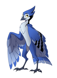 Size: 2000x2723 | Tagged: safe, artist:28gooddays, oc, oc only, bird, blue jay, corvid, jay, songbird, anthro, 2020, ambiguous gender, beak, bird feet, black feathers, blue feathers, chest fluff, claws, commission, digital art, feathered wings, feathers, fluff, gray body, high res, looking at you, multicolored body, simple background, smiling, smiling at you, solo, solo ambiguous, standing, tail, tail feathers, talons, white background, white feathers, wing hands, winged arms, wings, yellow eyes