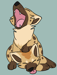 Size: 512x665 | Tagged: safe, artist:theroguez, hyena, mammal, spotted hyena, feral, 2020, ambiguous gender, blep, brown body, brown fur, cream body, cream fur, cute, cute little fangs, digital art, eyes closed, fangs, foot on head, fur, multiple heads, open mouth, paw on head, raised head, sharp teeth, simple background, solo, solo ambiguous, spotted fur, tan body, tan fur, teeth, tongue, tongue out, two heads