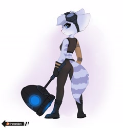 Size: 2334x2436 | Tagged: safe, artist:freeedon, rivet (r&c), fictional species, lombax, mammal, anthro, ratchet & clank, big ears, bottomwear, clothes, ears, female, fur, goggles, hammer, hand hold, high res, holding, looking at you, looking back, looking back at you, multicolored fur, pants, patreon logo, pink nose, prosthetic arm, prosthetics, purple body, purple fur, rear view, ringtail, shoes, solo, solo female, standing, tail, topwear, two toned body, two toned fur