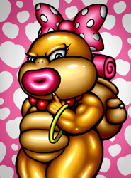 Size: 680x920 | Tagged: safe, artist:angelauxes, wendy o. koopa (mario), fictional species, koopa, reptile, anthro, mario (series), nintendo, abstract background, bow, bracelet, female, hair bow, jewelry, lipstick, makeup, necklace, pearl necklace, puffy lips, solo, solo female