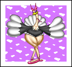 Size: 1118x1042 | Tagged: safe, artist:angelauxes, bird, ostrich, anthro, fantasia, bedroom eyes, bow, clothes, dance of the hours, female, hair bow, madame upanova (fantasia), shoes, smiling, solo, solo female, spread wings, thighs, wings