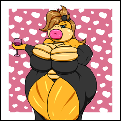 Size: 560x560 | Tagged: safe, artist:angelauxes, wendy o. koopa (mario), fictional species, koopa, reptile, anthro, mario (series), nintendo, abstract background, alcohol, big breasts, bow, breasts, clothes, dress, drink, female, hair, hair bow, lipstick, makeup, puffy lips, solo, solo female, thights, wine, wine glass