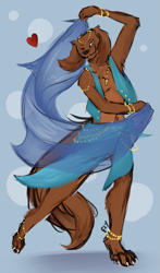 Size: 589x1000 | Tagged: safe, artist:flyremoon, oc, oc only, oc:nanashi the dog, canine, dog, mammal, spaniel, anthro, abstract background, amber eyes, bracelet, brown body, brown fur, claws, dancing, ear fluff, eyebrows, femboy, floppy ears, fluff, fur, harem outfit, heart, jewelry, leg fluff, male, males only, necklace, one eye closed, paws, signature, tail, tail fluff, twink, winking