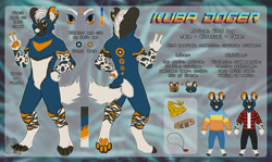 Size: 1280x762 | Tagged: safe, artist:tozzmutt, oc, oc only, oc:kuba doger, african wild dog, canine, mammal, anthro, digitigrade anthro, 2020, abstract background, accessories, bandanna, bicolor eyes, black body, black fur, blue body, blue eyes, blue fur, bottomwear, butt, character name, chequered, chibi, clothes, collar, color palette, complete nudity, digital art, duo, ear fluff, ear piercing, ears, eyebrows, featureless crotch, fluff, front view, fur, hair, hand on waist, male, nudity, orange body, orange eyes, orange fur, outfit, pants, paw pads, paws, pendant, piercing, rear view, reference sheet, solo, solo focus, solo male, spotted fur, standing, tail, three-quarter view, topwear, torn ear, underpaw, watermark, white body, white fur, white hair, white nose