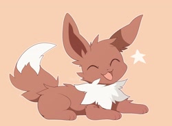 Size: 3550x2616 | Tagged: safe, artist:verfyhi, eevee, eeveelution, fictional species, mammal, feral, nintendo, pokémon, 2020, ambiguous gender, brown body, brown fur, digital art, eyes closed, fluff, fur, high res, multicolored fur, multicolored tail, neck fluff, open mouth, simple background, sitting, smiling, solo, solo ambiguous, tail, white body, white fur