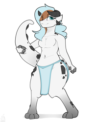 Size: 2352x3000 | Tagged: safe, artist:detpoot, oc, oc only, oc:waffles, fictional species, kobold, reptile, anthro, digitigrade anthro, clothes, female, high res, holding, horns, loincloth, looking at you, solo, solo female, tail, tail hold