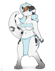 Size: 2352x3000 | Tagged: safe, alternate version, artist:detpoot, oc, oc only, oc:waffles, fictional species, kobold, reptile, anthro, digitigrade anthro, breast wraps, breasts, clothes, female, high res, holding, horns, loincloth, looking at you, solo, solo female, tail, tail hold, wraps