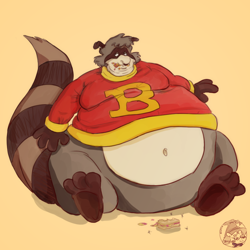 Size: 900x900 | Tagged: suggestive, artist:taffydesu, bert raccoon (the raccoons), mammal, procyonid, raccoon, anthro, plantigrade anthro, the raccoons (series), bottomless, fat, food, fur, gray body, gray fur, hyper, looking at you, male, morbidly obese, nudity, obese, partial nudity, ringtail, sandwich, solo, solo male, tail, weight gain