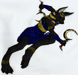Size: 1280x1235 | Tagged: safe, artist:sealer4258, anubian jackal, canine, jackal, mammal, anthro, digitigrade anthro, clothes, egypt, female, sickle, solo, solo female, traditional art, weapon