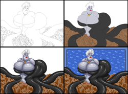Size: 2840x2088 | Tagged: safe, artist:angelauxes, ursula (the little mermaid), fictional species, mammal, mollusk, octopus, anthro, disney, the little mermaid (disney), 2015, big breasts, breasts, cecaelia, ear piercing, earring, female, high res, jewelry, necklace, piercing, pixel art, progression, tentacles