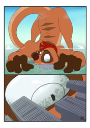 Size: 2894x4093 | Tagged: safe, artist:maxpany, timon (the lion king), mammal, meerkat, anthro, plantigrade anthro, comic:out of control, disney, the lion king, 2020, brown body, brown fur, building, city, comic, face down ass up, floppy ears, fur, hair, looking down, low angle, macro, male, red hair, signature, skyscraper, solo, solo male, striped fur, tail, tan body, tan fur