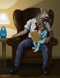 Size: 773x1000 | Tagged: safe, artist:wookiee, canine, mammal, wolf, anthro, 2001, blue eyes, bottomwear, chair, clothes, cub, cute, dress shirt, duo, eyebrows, eyes closed, fangs, fur, kigurumi, male, males only, necktie, pants, reading, sharp teeth, shirt, shoes, signature, sleeping, table, teeth, topwear, young