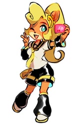 Size: 339x519 | Tagged: artist needed, safe, coco bandicoot (crash bandicoot), len kagamine (vocaloid), bandicoot, mammal, marsupial, anthro, crash bandicoot (series), vocaloid, blonde hair, bottomwear, clothes, cosplay, crossover, female, hair, low res, pants, selfie, solo, solo female