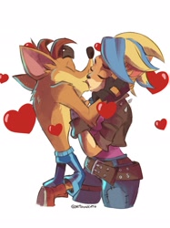 Size: 1535x2048 | Tagged: safe, artist:nitroneato, crash bandicoot (crash bandicoot), tawna bandicoot (crash bandicoot), bandicoot, mammal, marsupial, anthro, crash bandicoot (series), crashtawna (crash bandicoot), female, heart, holding character, kissing, male, male/female, shipping