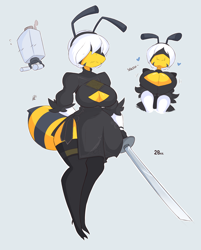 Size: 1260x1567 | Tagged: suggestive, artist:thekilinah, 2b (nier:automata), pod 042 (nier:automata), arthropod, bee, fictional species, insect, robot, anthro, nier:automata, square enix, antennae, arm behind back, arm boob squeeze, big breasts, blindfold, boob window, bottomwear, breast squish, breasts, cleavage, clothes, curvy, duo, evening gloves, female, female focus, gloves, hair, hair over eyes, heart, katana, legs, legwear, long gloves, love heart, maid outfit, male, pun, sexy, side slit, skirt, solo focus, species swap, stinger, sword, thick thighs, thigh highs, thighs, wavy mouth, weapon, wide hips, zettai ryouiki