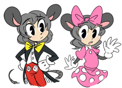 Size: 500x362 | Tagged: safe, artist:peargor, mickey mouse (disney), minnie mouse (disney), nazrin (touhou), animal humanoid, fictional species, mammal, mouse, rodent, humanoid, disney, mickey and friends, touhou, bottomwear, bow, clothes, cosplay, crossover, dress, female, low res, pants, solo, solo female, two panel image