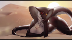 Size: 1280x715 | Tagged: suggestive, artist:ghostli, oc, oc:faeliry, reptile, snake, anthro, 2020, black body, blurred background, breasts, colored sclera, complete nudity, covering breasts, desert, digital art, eyelashes, female, forked tongue, gray body, long tail, looking at you, lying down, nudity, outdoors, purple sclera, red eyes, sand, solo, solo female, sun, tail, tongue, tongue out, two toned body
