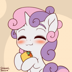 Size: 1200x1200 | Tagged: safe, artist:symbianl, sweetie belle (mlp), equine, fictional species, mammal, pony, unicorn, feral, friendship is magic, hasbro, my little pony, 2d, 2d animation, animated, blushing, cute, eating, eyes closed, female, food, frame by frame, gif, herbivore, solo, solo female, taco, young