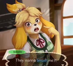 Size: 1280x1164 | Tagged: suggestive, artist:evomanaphy, isabelle (animal crossing), canine, dog, mammal, shih tzu, anthro, animal crossing, nintendo, clothes, dialogue, female, shirt, solo, solo female, surprised, talking, topwear