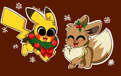 Size: 2500x1584 | Tagged: safe, artist:itskittyrosie, eevee, eeveelution, fictional species, mammal, pikachu, feral, nintendo, pokémon, 2020, ambiguous gender, blushing, brown body, brown fur, christmas, digital art, duo, duo ambiguous, eyes closed, fur, holiday, multicolored tail, open mouth, red background, simple background, smiling, snow, tail, wreath, yellow body, yellow fur