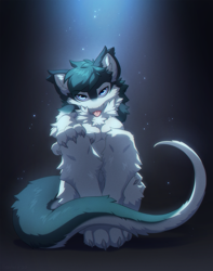 Size: 1010x1280 | Tagged: safe, artist:hioshiru, oc, oc only, dragon, fictional species, furred dragon, anthro, digitigrade anthro, 2020, abstract background, arm fluff, blep, blue eyes, breasts, chest fluff, claws, digital art, ear fluff, ear tuft, eyebrow through hair, eyebrows, female, fluff, front view, fur, green body, green fur, green hair, hair, hand on knee, long tail, looking at you, paws, sitting, solo, solo female, tail, tongue, tongue out, white body, white fur