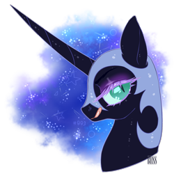 Size: 2000x2000 | Tagged: safe, artist:bismark, furbooru exclusive, nightmare moon (mlp), princess luna (mlp), alicorn, equine, fictional species, mammal, pony, feral, friendship is magic, hasbro, my little pony, 2d, bust, cyan eyes, eyeshadow, female, hair, helmet, high res, horn, makeup, mane, simple background, solo, solo female, stars, tongue, tongue out, transparent background, watermark