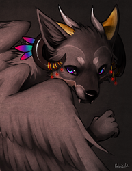 Size: 450x582 | Tagged: safe, artist:falvie, canine, mammal, wolf, anthro, ambiguous gender, feather, feathered wings, feathers, horns, simple background, solo, solo ambiguous, wings
