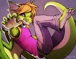 Size: 582x450 | Tagged: safe, artist:falvie, dragon, fictional species, reptile, scaled dragon, anthro, ambiguous gender, bottomwear, claws, clothes, fangs, looking at you, magenta eyes, pants, pink clothing, sharp teeth, simple background, solo, solo ambiguous, tail, teeth, webbed wings, wings