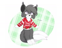 Size: 1800x1397 | Tagged: safe, artist:accelldraws, oc, oc:valence (accelldraws), cat, feline, maine coon, mammal, anthro, digitigrade anthro, 2020, blind, cheek fluff, chest fluff, christmas, christmas sweater, clothes, colored pupils, digital art, fluff, fur, gray body, gray fur, holiday, male, multicolored fur, multicolored tail, multiple tails, purple eyes, smiling, solo, solo male, sweater, tail, topwear, two tails, white body, white fur
