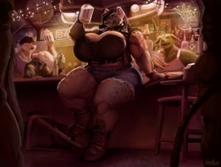 Size: 3500x2650 | Tagged: safe, artist:greasymojo, canine, dog, hyena, mammal, reptile, snake, anthro, alcohol, angry, bar, beer, boots, breasts, clothes, drink, female, female focus, high res, huge breasts, jean shorts, male, shoes, solo focus, thick thighs, thighs, wide hips