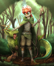 Size: 1776x2151 | Tagged: safe, artist:otakuap, oc, oc only, dragon, fictional species, mammal, mouse, rodent, anthro, feral, plantigrade anthro, 2020, bottomwear, brown body, brown fur, cloak, clothes, digital art, druid, duo, eyes closed, female, forest, fur, green eyes, hair, multicolored fur, open mouth, pants, petting, red hair, scenery, shirt, smiling, staff, sunbeam, tan body, tan fur, tongue, tongue out, topwear