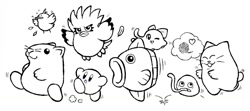 Size: 1280x566 | Tagged: safe, artist:shirobear, chuchu (kirby), coo (kirby), gooey (kirby), kine (kirby), kirby (kirby), nago (kirby), pitch (kirby), rick (kirby), bird, bird of prey, cat, feline, fictional species, fish, hamster, mammal, mollusk, octopus, owl, puffball (kirby), rodent, slug, songbird, feral, semi-anthro, kirby (series), nintendo, blobfeet, female, group, line art, male, monochrome, simple background, slime, tentacles, white background