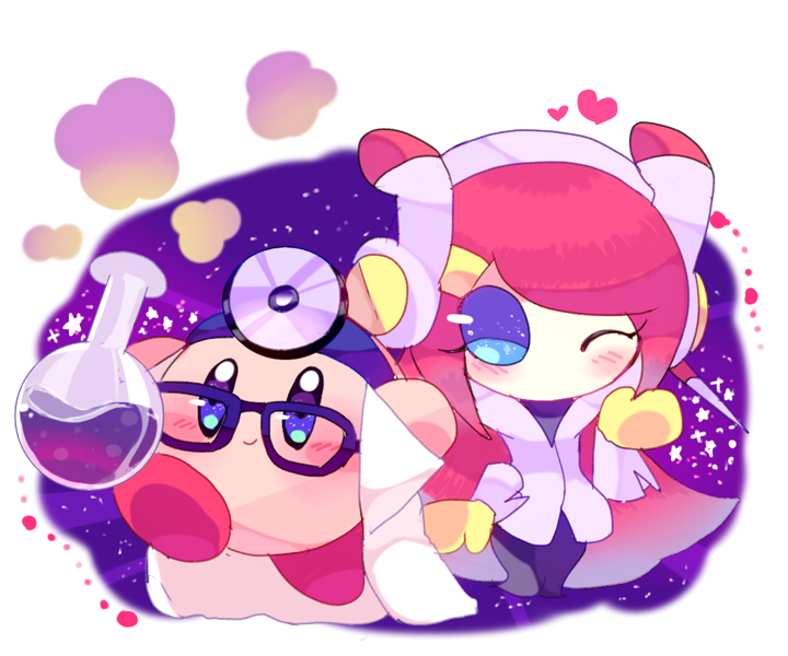 53387 - safe, artist:ひらび, kirby (kirby), susie (kirby), fictional species,  puffball (kirby), robot, feral, humanoid, kirby (series), nintendo, 2016,  cute, duo, female, flask, glasses, heart, male, potion, scientist, simple  background, stars, white