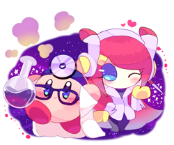 Size: 1200x1000 | Tagged: safe, artist:ひらび, kirby (kirby), susie (kirby), fictional species, puffball (kirby), robot, humanoid, kirby (series), nintendo, 2016, cute, duo, female, flask, glasses, heart, male, potion, scientist, simple background, stars, white background