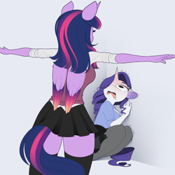 Size: 800x800 | Tagged: safe, artist:evehly, rarity (mlp), twilight sparkle (mlp), alicorn, equine, fictional species, mammal, pony, unicorn, anthro, friendship is magic, hasbro, my little pony, 1:1, 2019, anthrofied, bottomwear, breasts, clothes, digital art, duo, duo female, feathered wings, feathers, female, hair, hair over one eye, horn, mare, meme, open mouth, scared, school uniform, shirt, sitting, skirt, standing, t pose, t pose of dominance, tail, teary eyes, topwear, wide eyes, wings